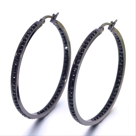 Black Metal Rhinestone Hoop Earrings Sparkle Crystal Big Channel Hoops Dark Glam - Picture 2 of 12